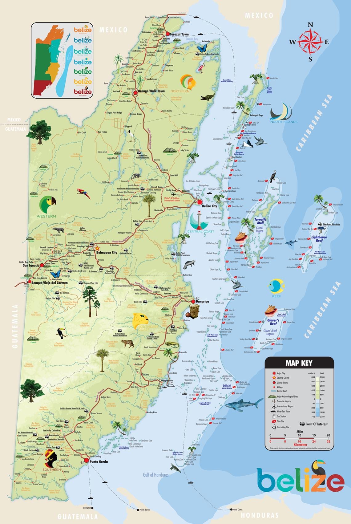 Mapa de Belize atrações