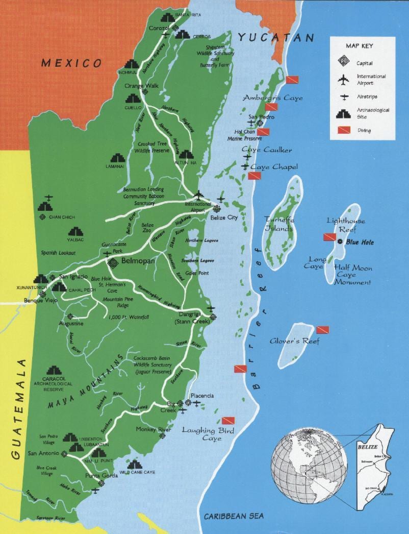 Mapa de Belize mergulho